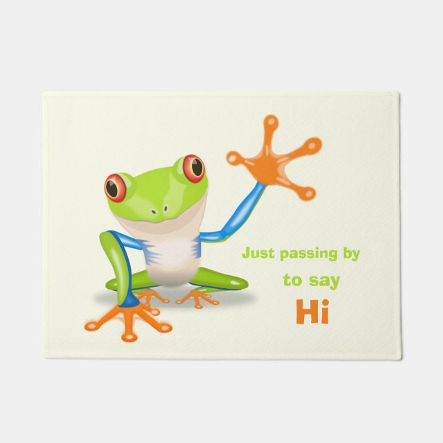 Waving red eyed tree frog illustration doormat (Front)