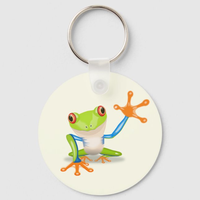 Waving red eyed tree frog illustration key ring (Front)