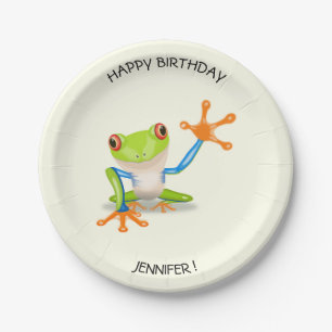 Waving red eyed tree frog kids birthday paper plate