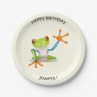 Waving red eyed tree frog kids birthday paper plate