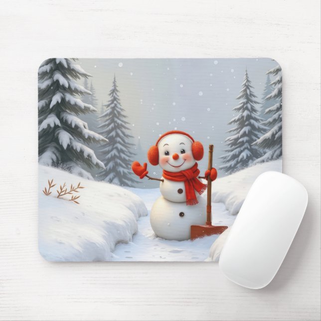 Waving Snowman With a Red Shovel Mouse Pad (With Mouse)