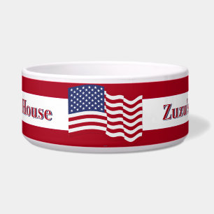 Waving USA Flag On Red And White Stripe Background