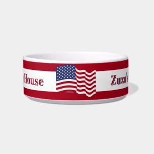 Waving USA Flag On Red And White Stripe Background Bowl