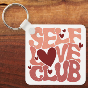 Wavy 70s Font "Self Love Club" Hearts Key Ring