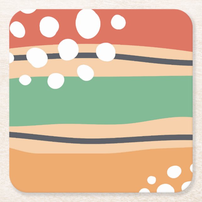Wavy abstract art, boho design square paper coaster (Front)