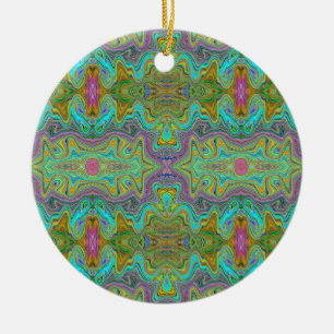 Wavy Aqua Blue and Orange Trippy Pattern Ceramic Ornament