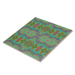 Wavy Aqua Blue and Orange Trippy Pattern Ceramic Tile