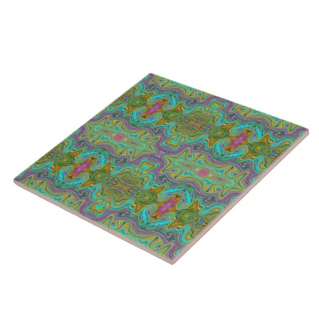 Wavy Aqua Blue and Orange Trippy Pattern Ceramic Tile (Side)