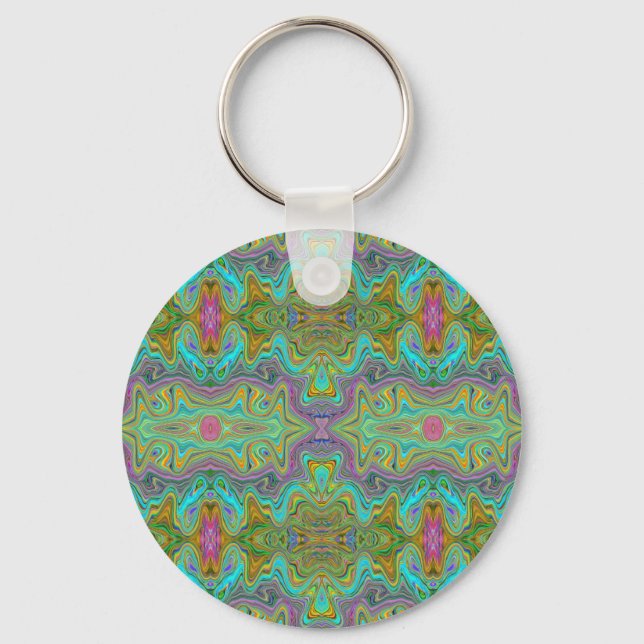 Wavy Aqua Blue and Orange Trippy Pattern Key Ring (Front)