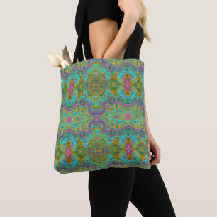 Wavy Aqua Blue and Orange Trippy Pattern Tote Bag