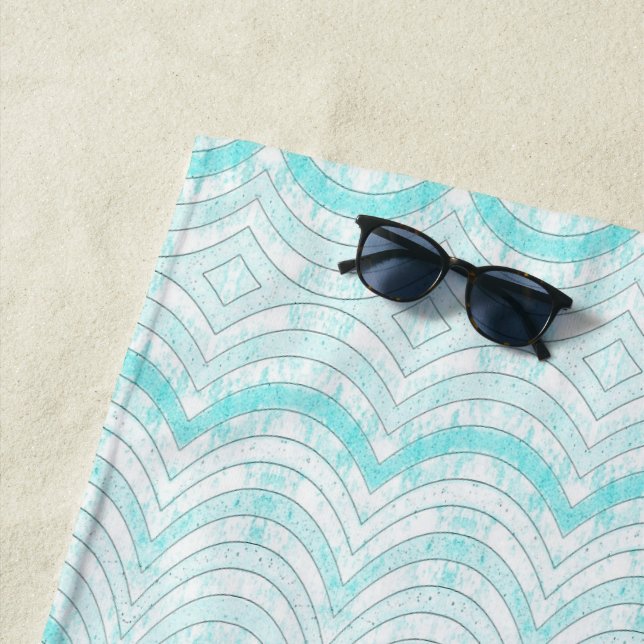 Wavy Aqua Geometric Pattern Beach Towel (In Situ)