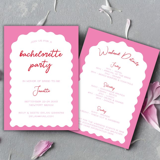 Wavy Arch Pink And Red Modern Bachelorette Weekend Invitation (Wavy Arch Pink And Red Modern Bachelorette Weekend Invitation)