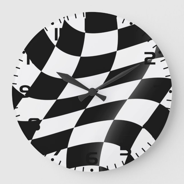 Wavy Black and White Chequered Flag Racing Large Clock (Front)