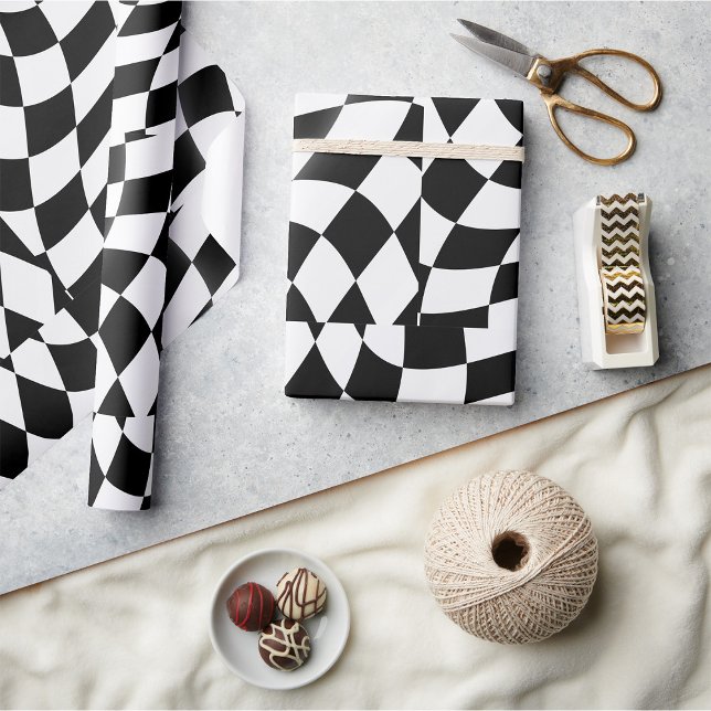 Wavy Black and White Chequered Flag Racing Wrapping Paper (Creator Uploaded)