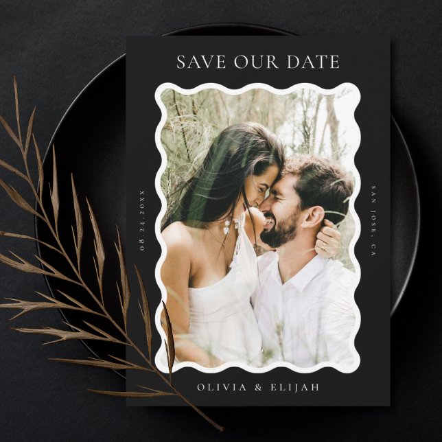Wavy Black and White Modern Photo Save The Date Invitation (Creator Uploaded)