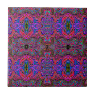 Wavy Blue and Rainbow Red Trippy Pattern Ceramic Tile