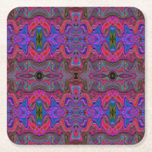Wavy Blue and Rainbow Red Trippy Pattern Square Paper Coaster