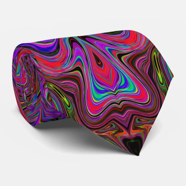 Wavy Blue and Rainbow Red Trippy Pattern Tie (Rolled)