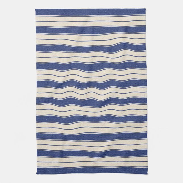 Wavy Blue and White Stripes Tea Towel (Vertical)
