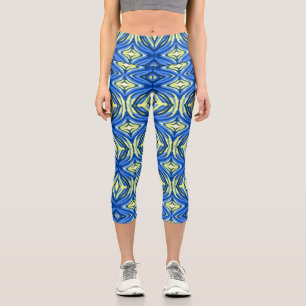 Wavy Blue and Yellow Kaleidoscope Capri Leggings