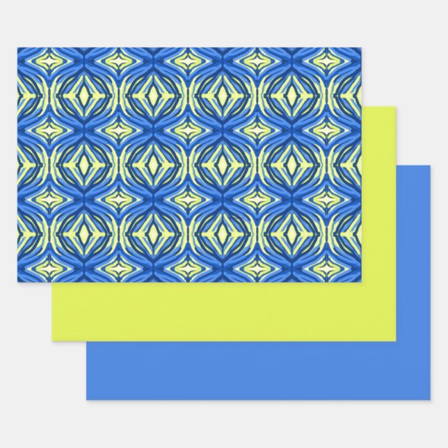 Wavy Blue and Yellow Kaleidoscope Wrapping Paper Sheet (Set)