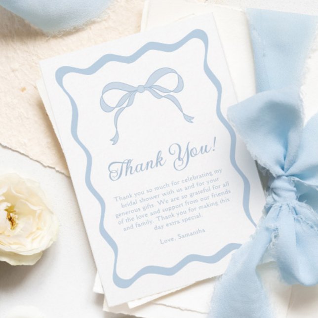 Wavy Blue Bow Tying the Knot Bridal Shower Thank You Card (Creator Uploaded)