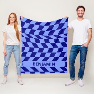 Wavy blue chequered pattern with custom name fleece blanket