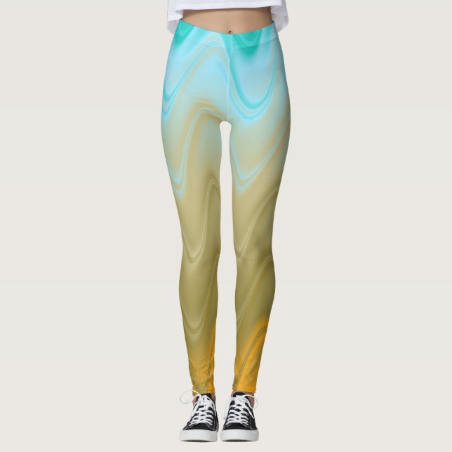 Wavy Blue Green Orange Abstract Leggings (Front)
