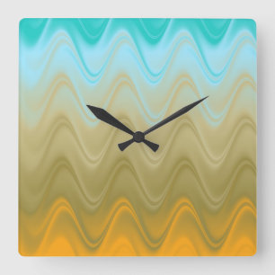 Wavy Blue Green Orange Abstract Square Wall Clock
