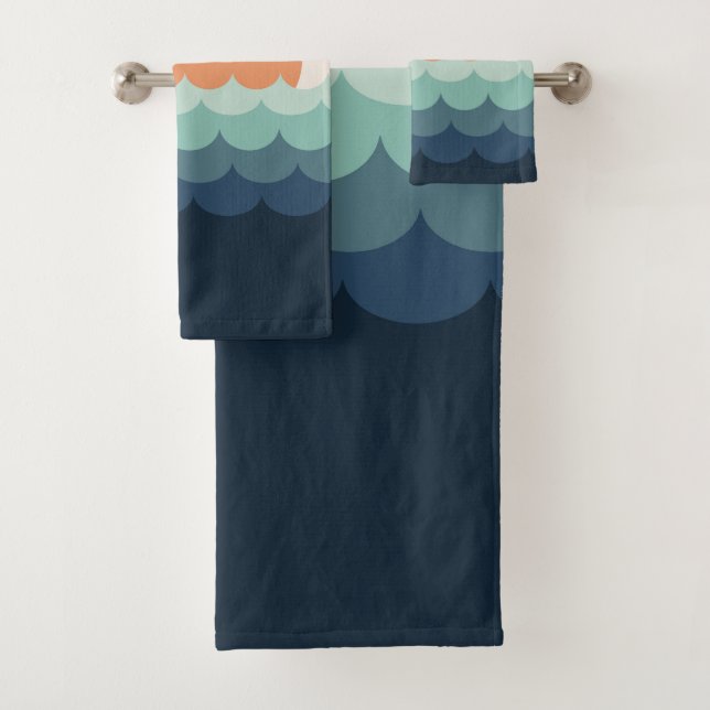 Wavy blue ocean at sunset bath towel set (Insitu)