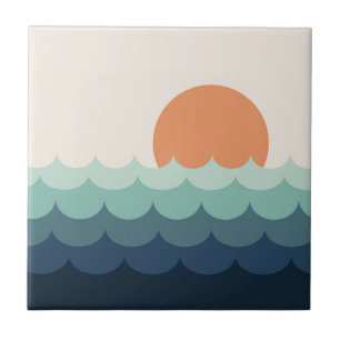 Wavy blue ocean at sunset ceramic tile