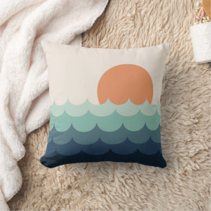 Wavy blue ocean at sunset cushion