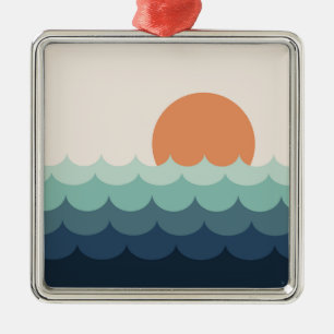 Wavy blue ocean at sunset metal ornament