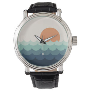 Wavy blue ocean at sunset watch