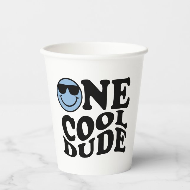 Wavy Blue Preppy Smile One Cool Dude 1st Birthday Paper Cups (Front)