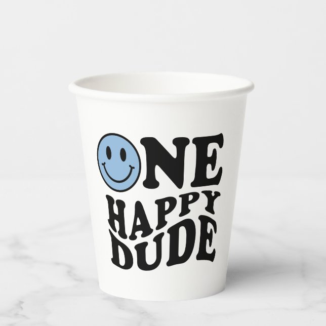Wavy Blue Preppy Smile One Happy Dude Paper Cups (Front)
