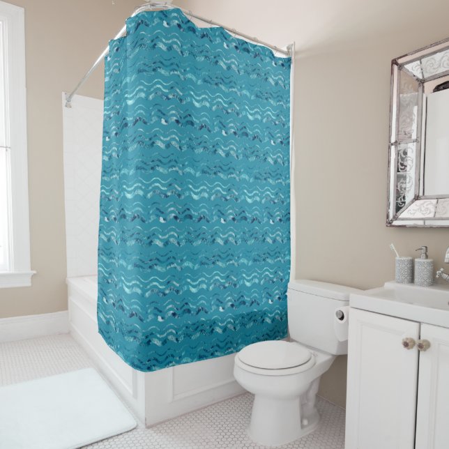 Wavy Blue Sea Pattern Shower Curtain (In Situ)