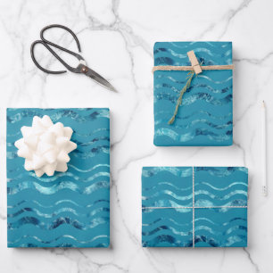 Wavy Blue Sea Pattern Wrapping Paper Sheet