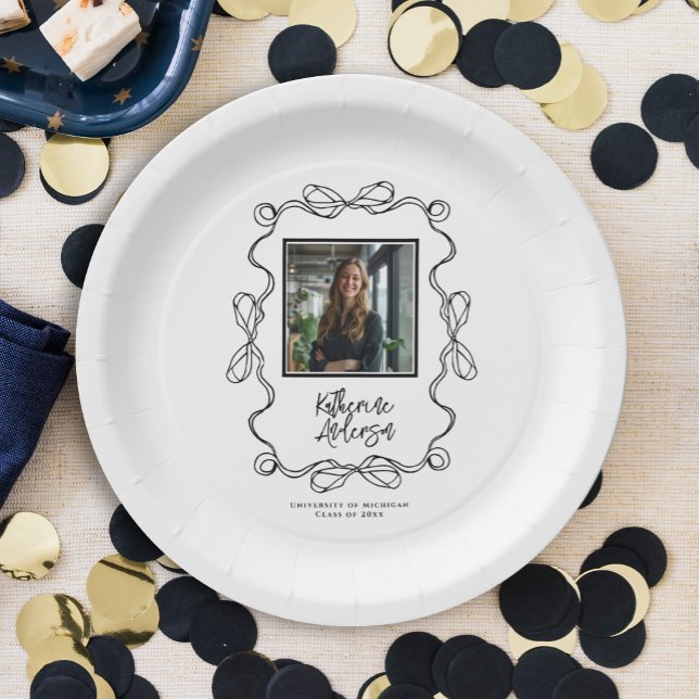 Wavy Border Black Bows Photo Graduation Party Paper Plate (Creator Uploaded)