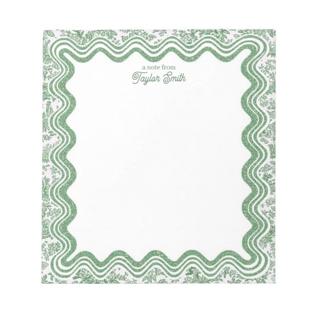 Wavy Border Green & White Toile Personalized Name Notepad (Front)