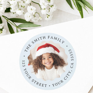 Wavy border light dusty blue photo return address classic round sticker