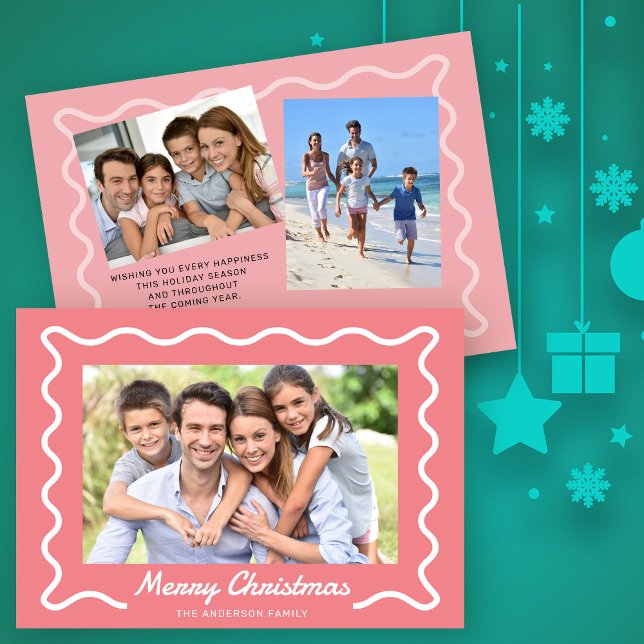 Wavy Border Merry Christmas 3 Photos Pink Holiday Card (Creator Uploaded)