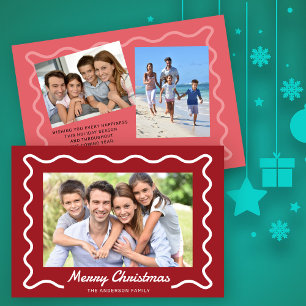 Wavy Border Merry Christmas 3 Photos Red Holiday Card
