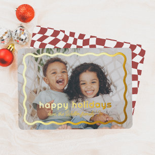 Wavy Border Modern Retro Christmas Photo Foil Holiday Card