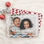 Wavy Border Modern Retro Christmas Photo Holiday Card<br><div class="desc">This holiday card features your favourite photo framed by a bold, wavy white border. “Happy holidays” is written in playful typography, with your family name below in cute script. The back showcases a fun, retro wavy chequered pattern. Perfect for sharing holiday cheer with friends and family, this card blends bold...</div>