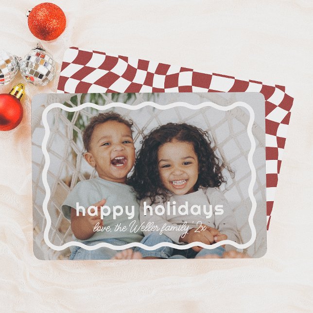 Wavy Border Modern Retro Christmas Photo Holiday Card (Creator Uploaded)