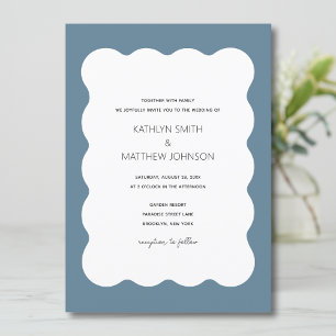 Wavy Border Modern Retro Dusty Blue Wedding Invitation