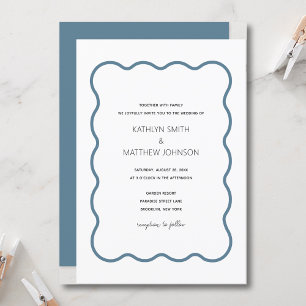Wavy Border Modern Retro Dusty Blue Wedding Invitation