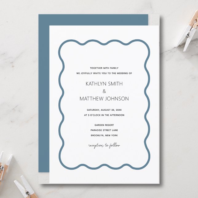 Wavy Border Modern Retro Dusty Blue Wedding  Invitation (Creator Uploaded)