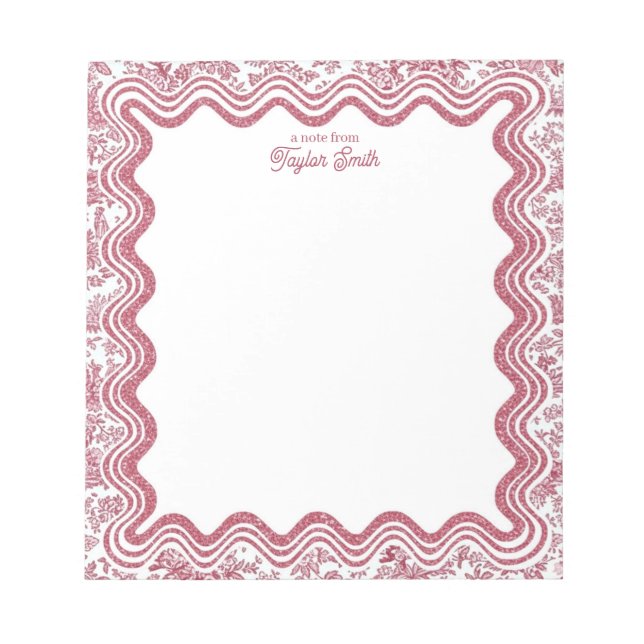Wavy Border Red & White Toile Personalized Name Notepad (Front)